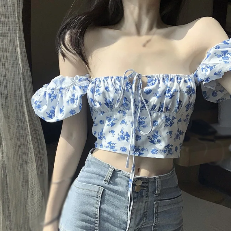 

Summer Women Square Neck Bubble Sleeve Shirt Short Sleeve Lace Up Short Slim Floral Top