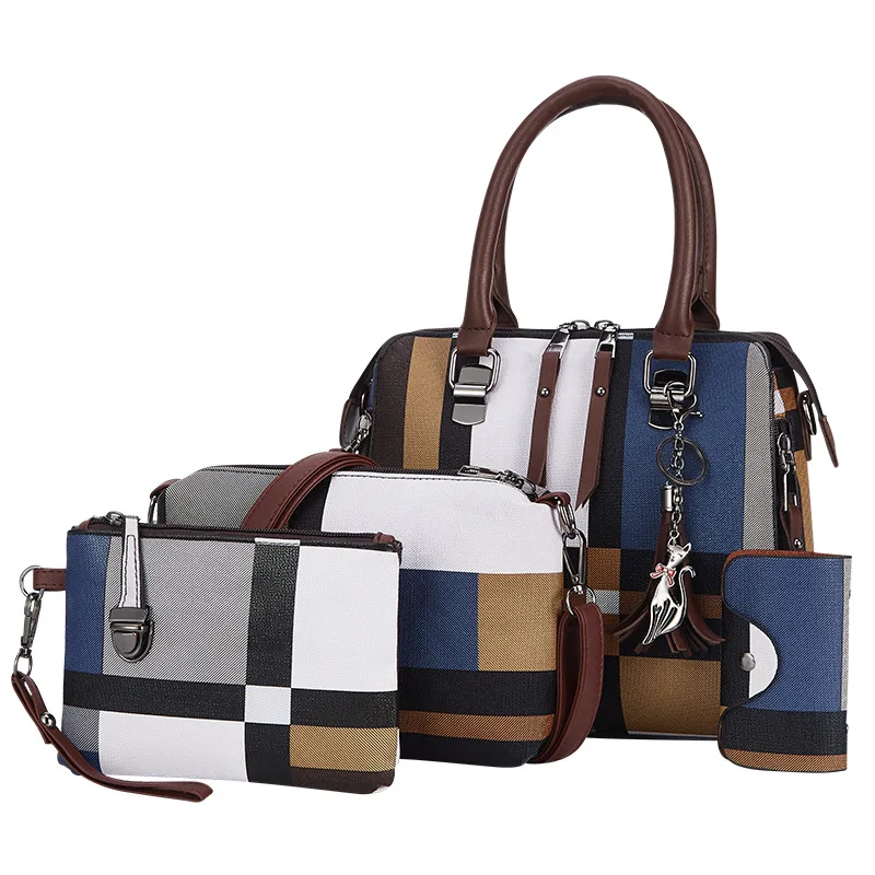 

Women's 4 Pcs Set Large Capacity Handbag Tassel Plaid Color Female PU Leather Retro Tote Shoulder Messenger Bags Christmas Gift