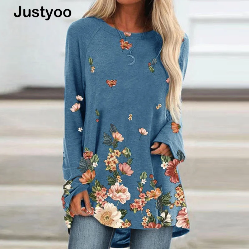 

Spring Long Shirts For Women Casual Ladies Tops Flower Print T Shirt O Neck Long Sleeve Loose Tee Women T-shirt Clothing Women