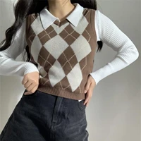 women knitted sweater vest winter autumn ladies creative diamond plaid v neck sleeveless knitwear casual slim tops