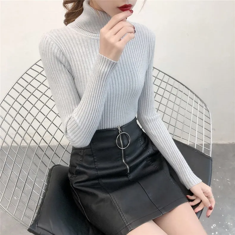 Korobov Women Korean Sweater Turtleneck Basic Slim Elastics Pullovers 2019 New Solid Knitted Runway Sweaters Sueter Mujer 78580 | Женская