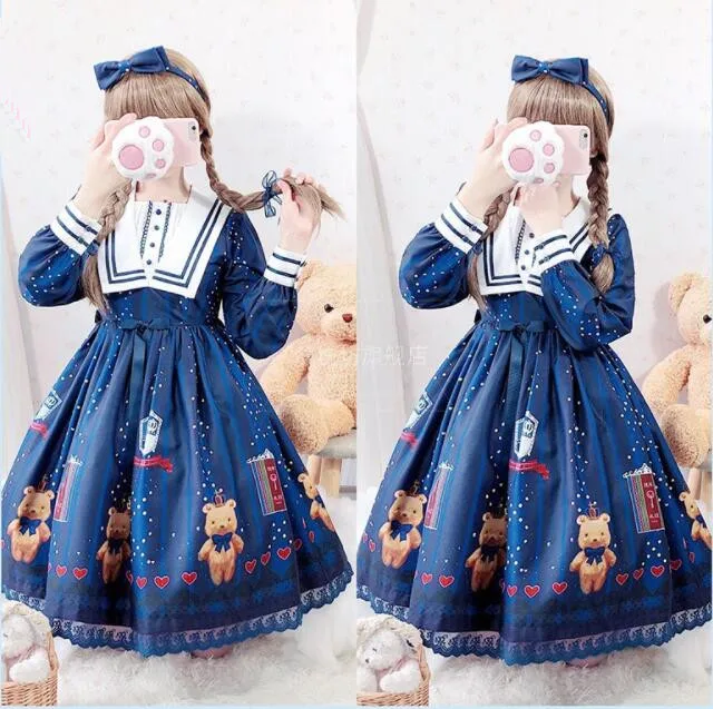 Платье Лолита Kawaii винтажное платье с принтом медведя и длинными рукавами