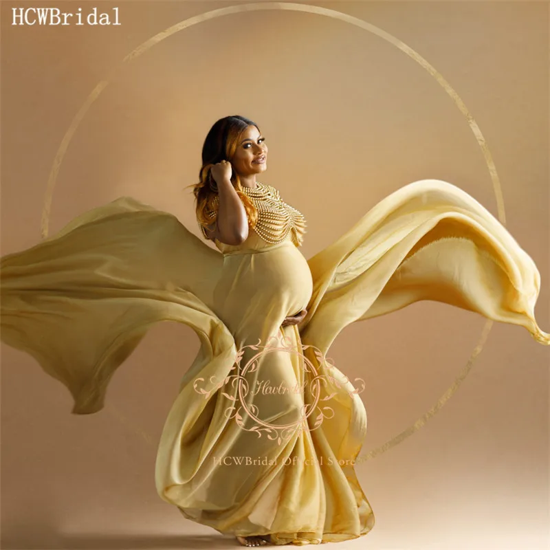 

2021 Plus Size Beading Chiffon Pregnant Women Evening Dress A Line Long Train Custom Made Birthday Party Formal Gowns