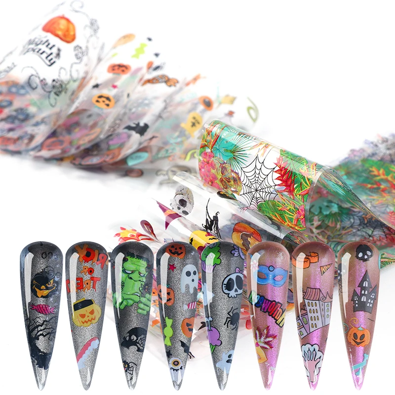 10 шт./упак. Хэллоуин серии наклейки из фольги для ногтей смешанный принт Тыква