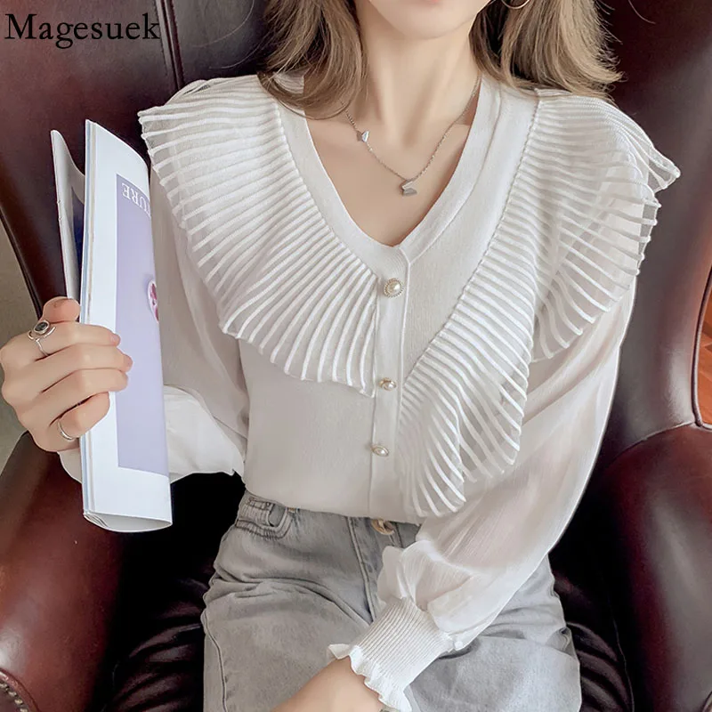 

Autumn Korean White Chiffon Women's Shirt V Neck Long Sleeve Pleated Ruffle Blouse Black Slim Elegant Women Tops Blusas 16848
