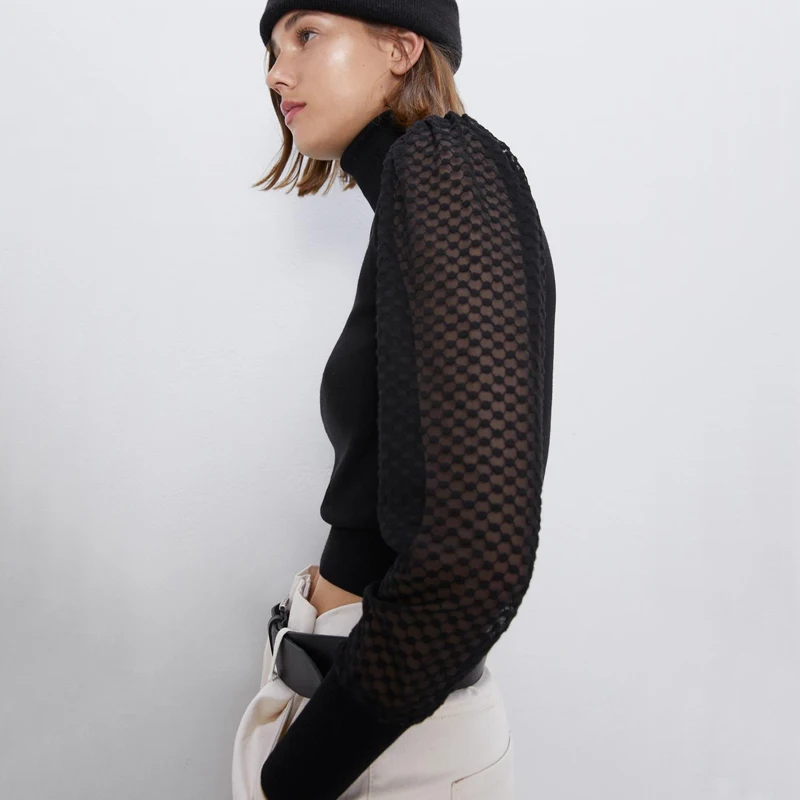 ZOEPO Patchwork Long Sleeve Sweaters Women Fashion Turtleneck Sweater Elegant Slim Translucent Female Ladies IAA | Женская одежда