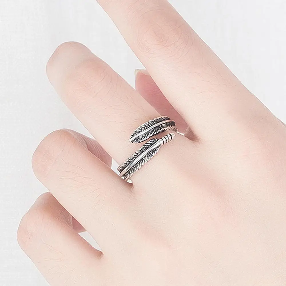 

Black Feater Thin Vintage Punk Adjustable Thai Silver Color Ring For Women Mens Korean Simple Tibetan Jewelry Gifts