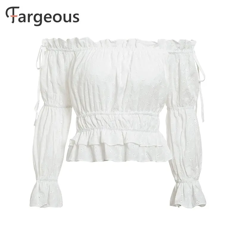 Fargeous Sexy Off Shoulder Slash Neck Women Crop Tops and Blouse Casual Holiday White Embroidery Beach Shirt Female Short Blouse