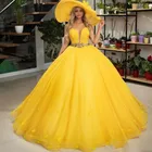 Желтое бальное платье, платья для девушек с поясом и бусинами, вечерние наряды для милой вечеринки, Тюлевое платье с аппликацией, милое платье для 16 лет, платье для 15 лет