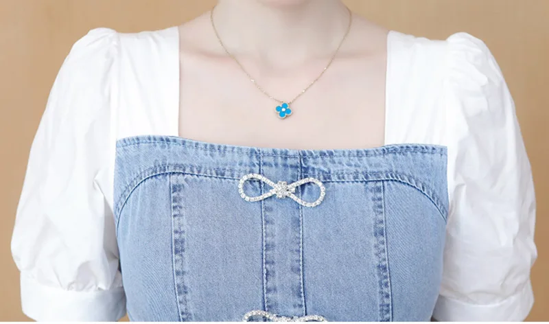 

#2768 Summer 2021 Denim Mermaid Dress Women Spliced Chiffon Short Sleeve Jeans Dress Square Collar Sexy Short Dress Blue Lovely