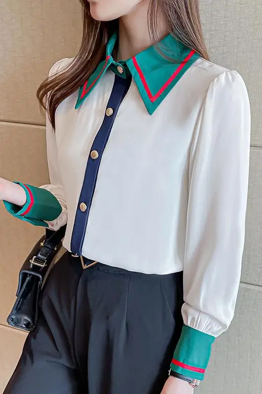 

Houthion New Long-sleeved Women's Blouse Color Stitching Comfortable Fashion Tops Casual Shirt Lapel 2021 Summer Pure