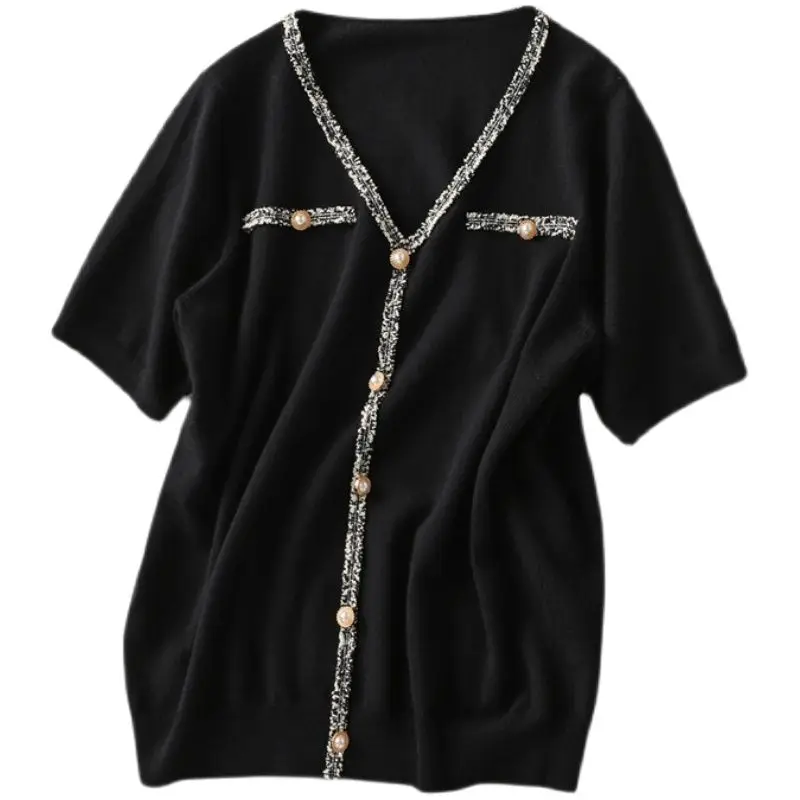 Свитер с коротким рукавом и V-образным вырезом карманом |