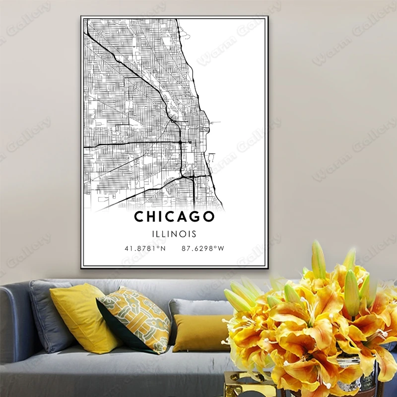 Black and White City Map The Chicago Poster HD Print Wall Art Canvas Nordic Landspace Painting for Home Decor | Дом и сад