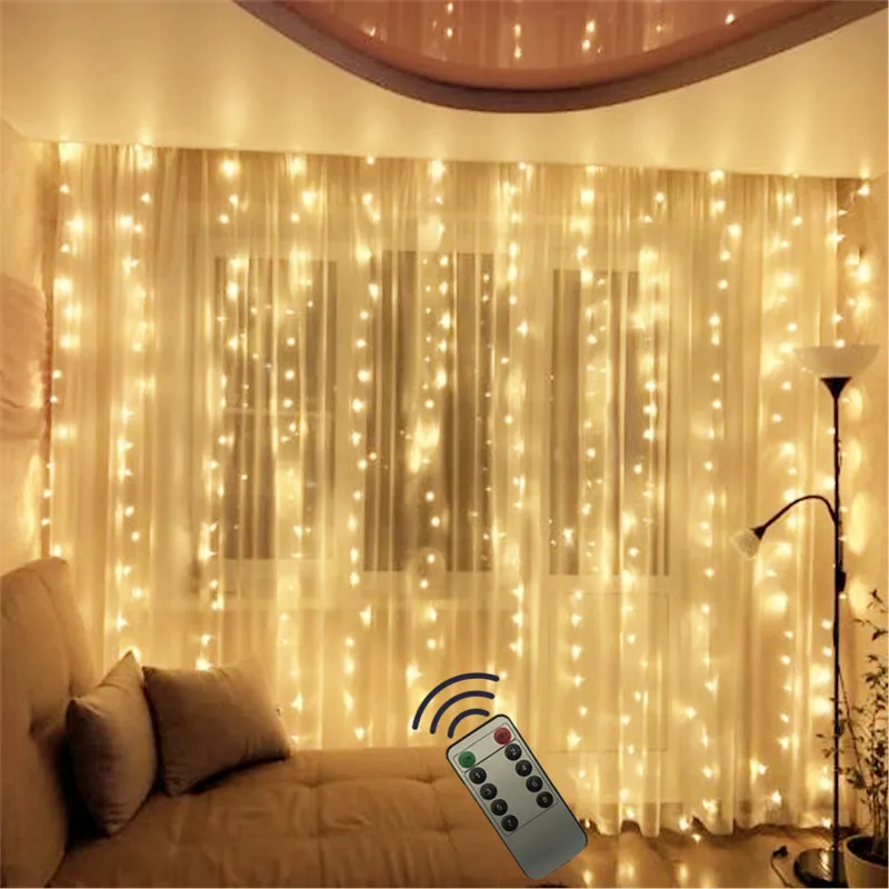 

3x2m 200LED 8modes Copper Wire Curtain Lights With Remote Fairy Battery Light String Garland For Wedding Party Home Patio Decor