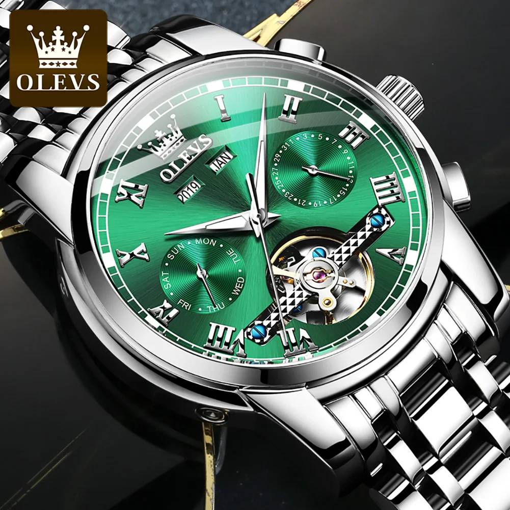 OLEVS Men Watch Top Brand Mens Mechanical Watches Automatic Tourbillon Skeleton Watch Men Calendar Relogio Masculino Dropship