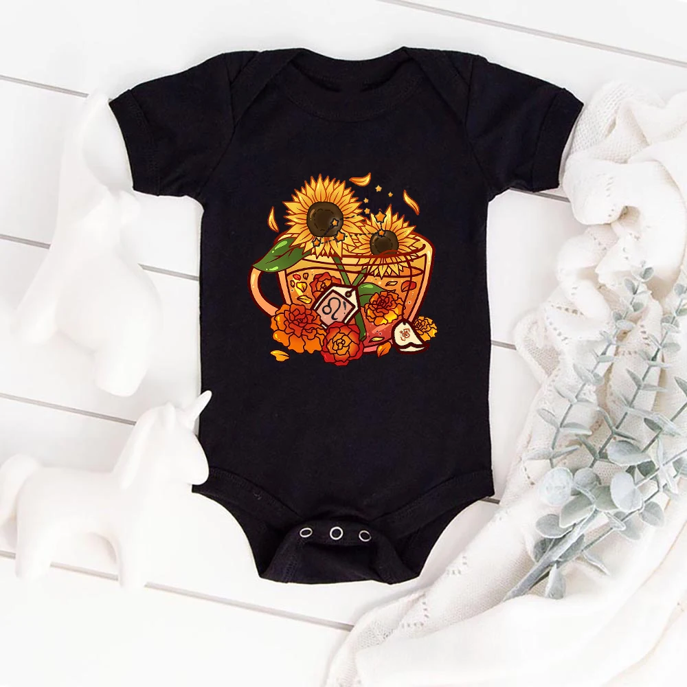 

Sunflower Flowers Cup Print Baby Boy Black Romper Aesthetic Harajuku Trend Baby Girl Bodysuits Cozy Casual Home Newborn Pajamas
