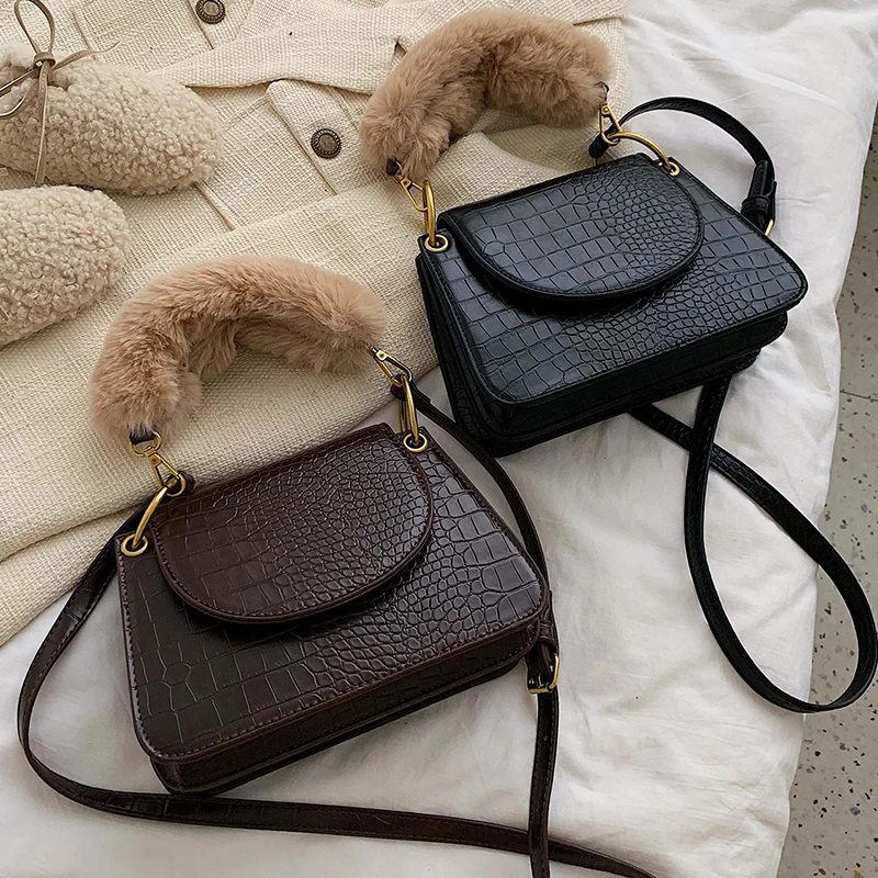 

Elegant Female Plush Tote Bag 2019 Winter New Quality Leather Women's Designer Handbag Crocodile pattern Shoulder Messenger Bags