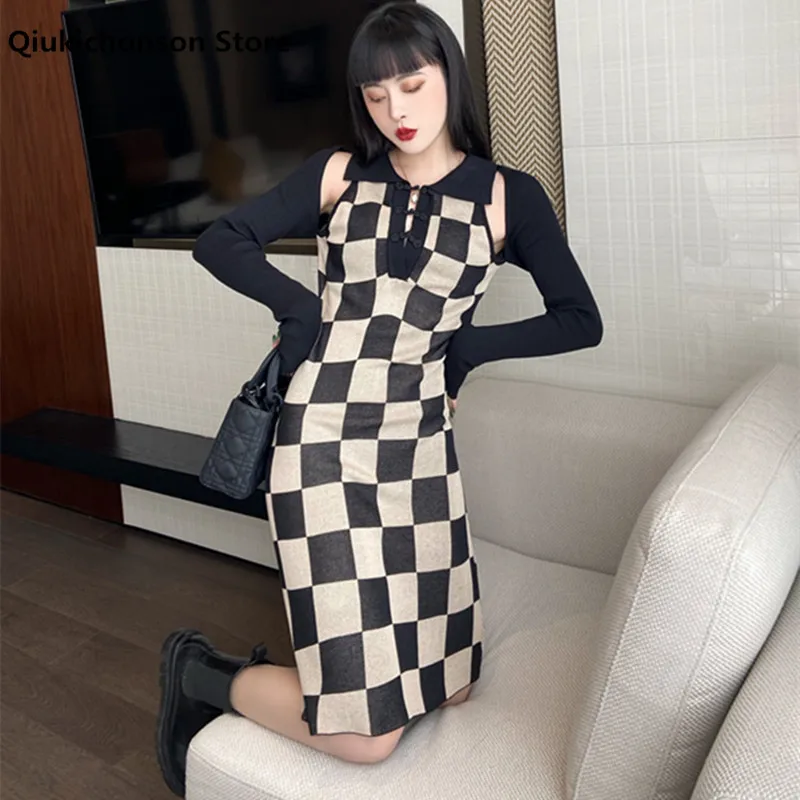 

Women Sexy Dresses For Night Sexy Exotic Gothic Black Bodycon Hollow Out False Two Piece Checkerboard Sweater Dress Knitted