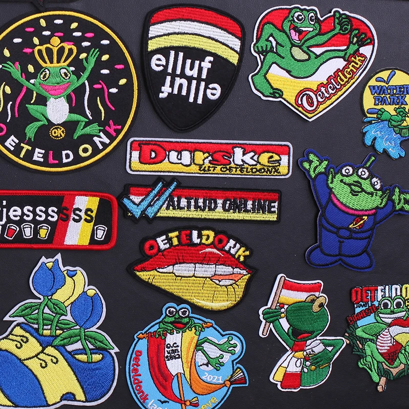 

Frog Patches Oetel donk Carnival for Netherland Embroidered Letter Iron on Patch for Clothing Jeans DIY Badge for Clothes D
