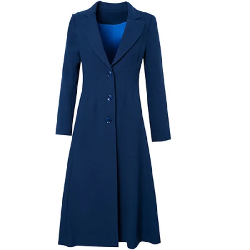 

New Long length 2021 over knee Casual Dresses women's autumn winter solid slim fashion single breasted professional dress XXXL