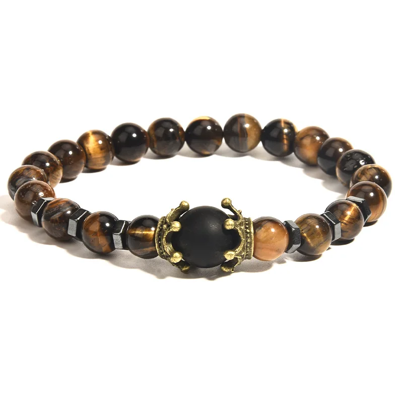 

MOFLO European Male Fashion Luxury Antique Crown Tiger Eye Stone Bead Bracelets Lapis Lazuli Bead Bracelet For Man