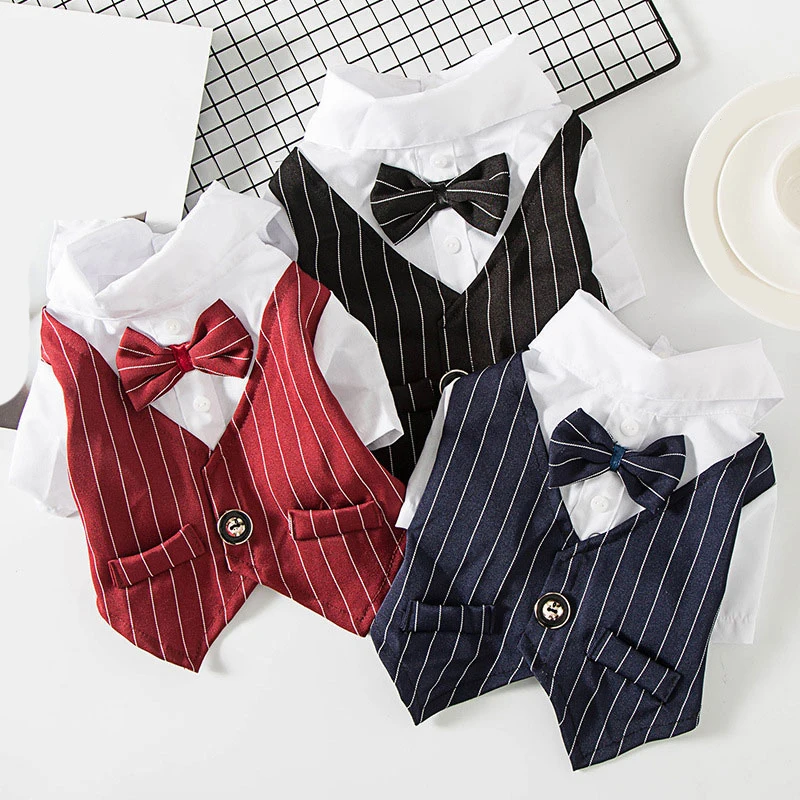 

Dog Shirts Stripe Buttons Classic Summer Pet Clothes Pockets Dog Suits Wedding Bow Ties Shirts Vest Dogs Cats Cool Clothes Tops