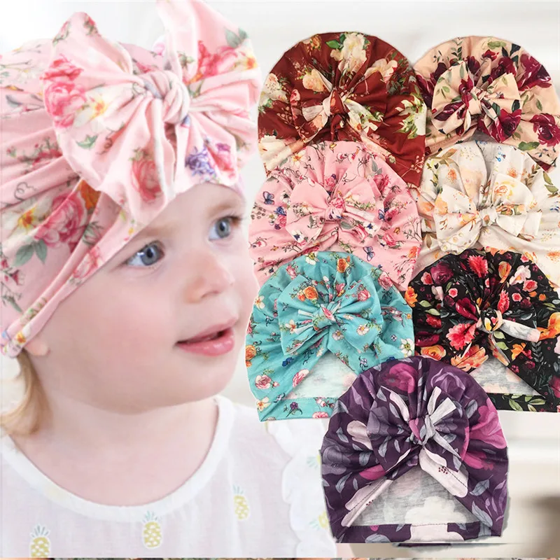 

Floral Printed Baby Girls Hat Headwear Bow Turban for Newborn Cute Kids Hair Accessories 1PCS Head Wraps Beanie Hat Kids Gifts
