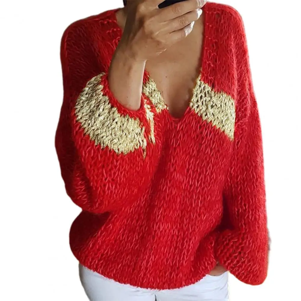 

Женский вязаный свитер, теплый пуловер контрастных цветов с V-образным вырезом и рукавами-фонариками, осенний свитер с V-образным вырезом, пу...