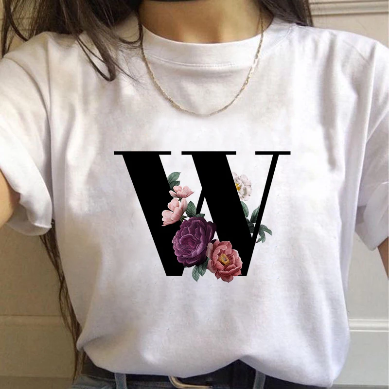 

Flowerswomen T-shirt Harajuku Casual White Tops Tees Women 2020 New Summer Casual Female T-Shirt 26 Alphabet Letter