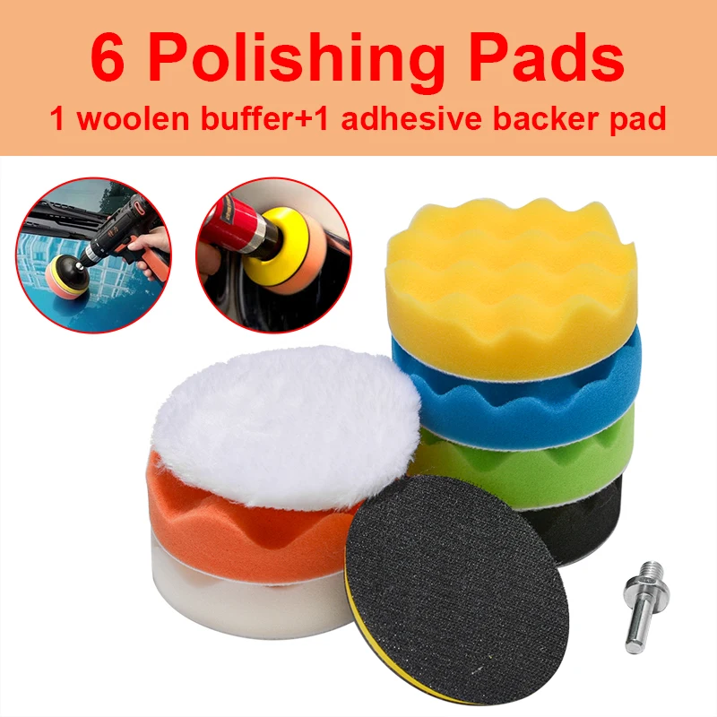 

8Pcs 100mm Gross Polishing Buffing Pad Kit With Drill Adapter 4 inch Polisher Pads Buffing Adhesive Backer Pad For Car Polishing