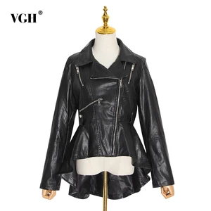 Женская Асимметричная куртка VGH, куртка из искусственной кожи с отложным воротником и длинным рукавом, туника с высокой талией, осенняя модная одежда, 2020