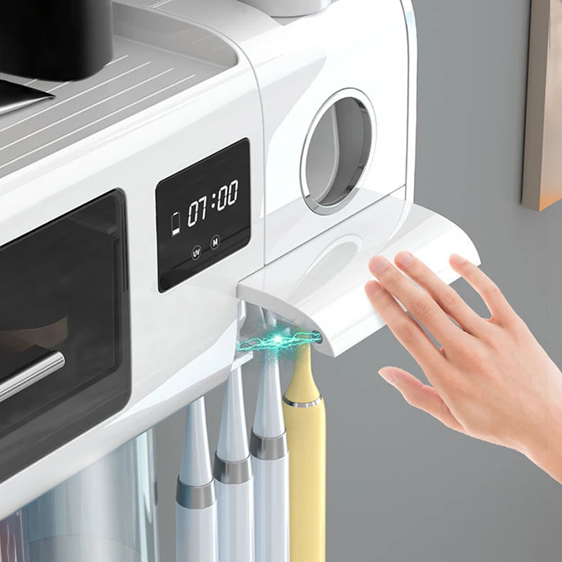 

MUSAMBAN Multifunctional UV Toothbrush Holder Turbofan Toothpaste Squeezer Dispenser Bathroom Shelf Organizer Storage Rack Box