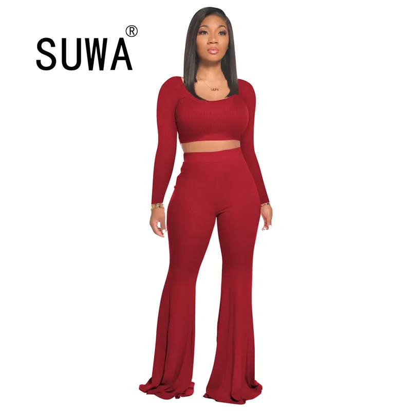 

Solid Color Classic Loungewear Women Two Piece Sets Long Sleeve Crop Top Tunic High Waist Flare Leg Pants Elegant Work Wear