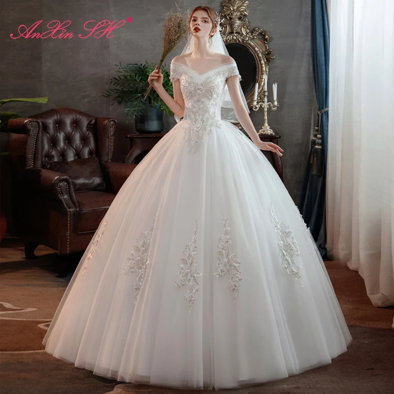 

Женское свадебное платье с вырезом лодочкой AnXin SH, белое кружевное платье принцессы во французском ретро-стиле с цветами, винтажное бальное ...