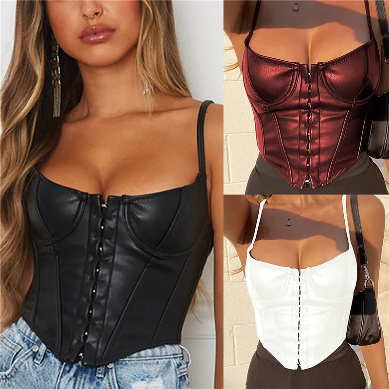 

Women's Corset Sexy Low-cut Bustier Sling PU Crop Top Punk Rock Style Camisole Club Party Outfits Casual Streetwear
