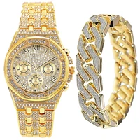 2pcsset watch bracelet for men cuban chain men bracelet iced out watch for men luxury gold men watch set gift religio masculino