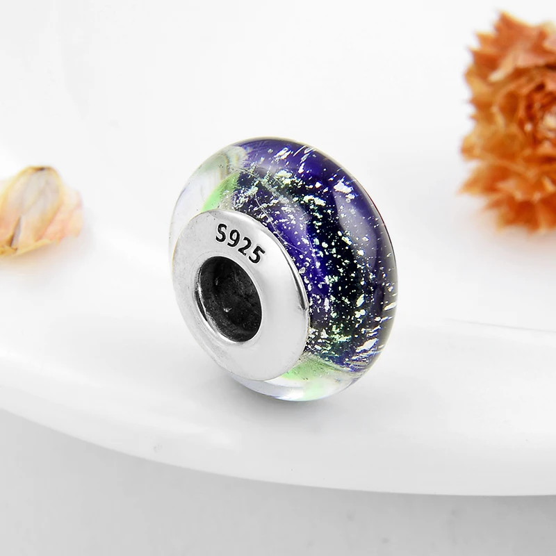 Fit Pandora амулеты Серебро 925 браслет бусины стерлингового серебра 925 блестящий синий зеленый бусина из муранского стекла женские ювелирные изделия