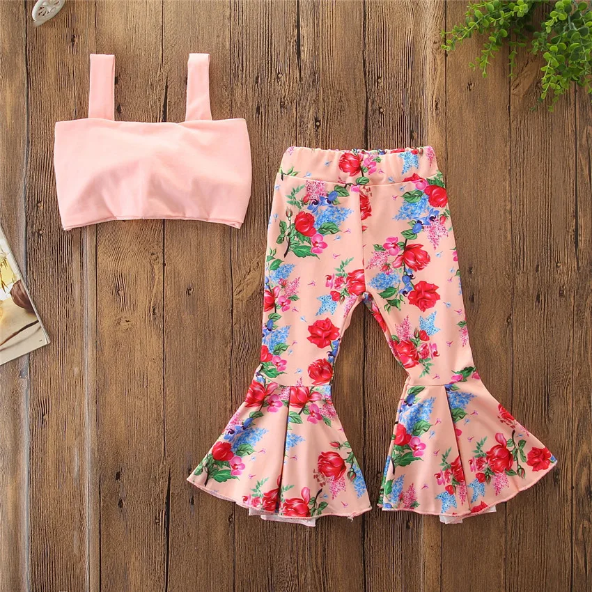 

Summer Girls Clothes Set Fashion Lace-up top + Floral Wide-leg Pants two piece set summer kids boutique clothing wholesale7y