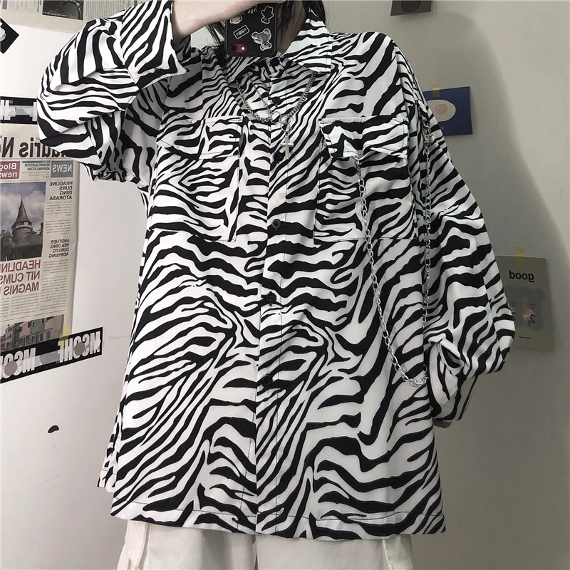 

Shirt Female 2021 nian Spring New Style Ins Harajuku Style Retro Easy Matching Zebra-stripe Fold-down Collar Long Sleeve Shirt