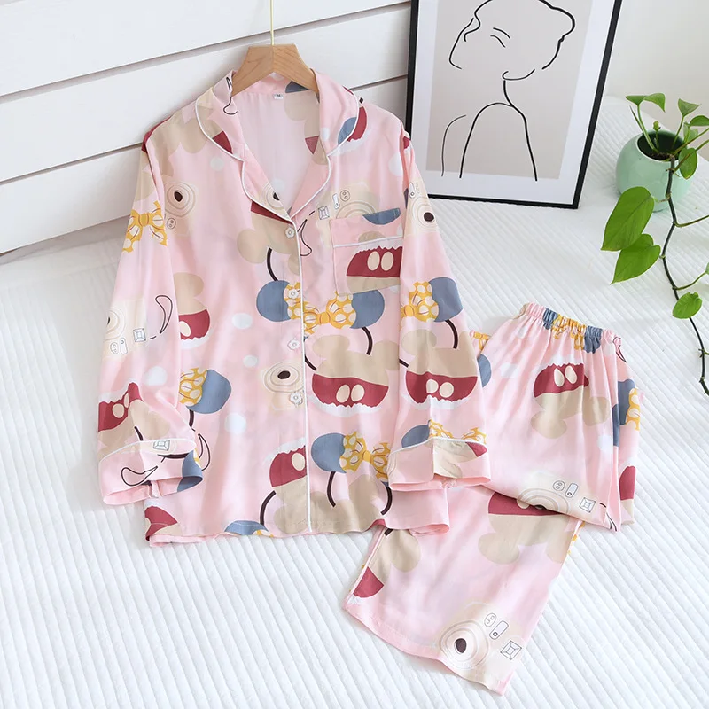 Spring/summer New Women's Pajamas Set Cotton Silk Long Sleeve Trousers Sleepwear Thin Rayon Fashion Cardigan Ladies Home Wear