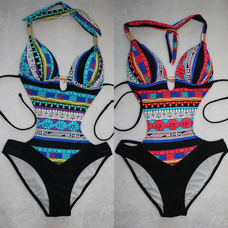 

Retro One Piece Ladies Monokini Beachwear Swimsuit Sexy Halter Top Bandage Swimwear Vintage Female Bathing Suit