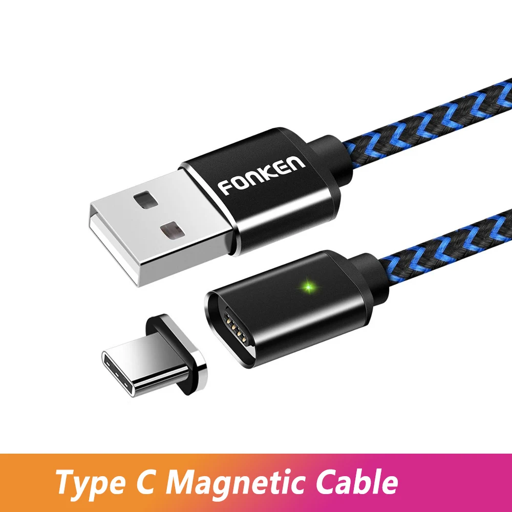 Black Type c Cable FONKEN Магнитный usb-кабель Micro USB type C Магнитный кабель для телефона 1 м 2 м светодиодный Быстрый Магнитный зарядный кабель Mini usb C зарядный шнур - Цвет: Black Type c Cable