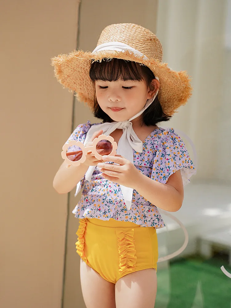 

2021 Summer New 3-10 Years Girls Swimwear Floral Ruffle Sleeve Cute Baby Girl Swimsuit High Waist Shorts Beach Wear 2 Piece Set
