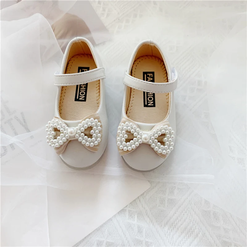 Children White Pearls Crystal Leather Shoes Toddler Girls Kids Baby Bowknot Mary Janes Princess Wedding Party Dress Shoe |
