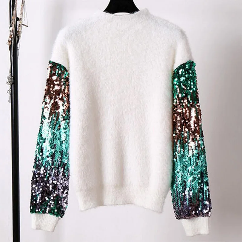 2021 Womens Long Sleeve Mohair Sweater Rabbit Hair Glitter Patchwork Thick Knitting Autumn Winter Warm Pullover Black | Женская одежда