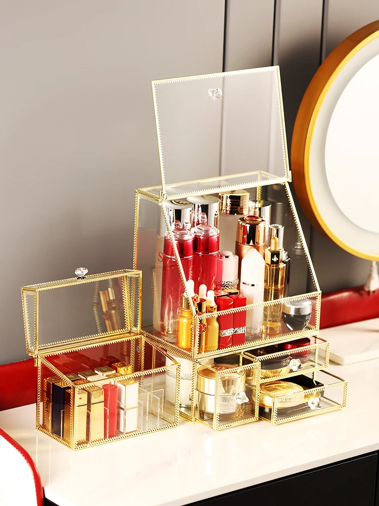

Cosmetic storage box household dresser glass dust lipstick shelf large capacity