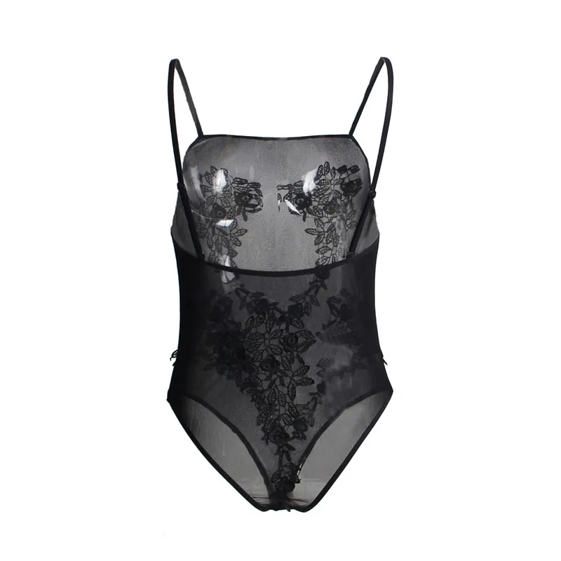 

Ohyeahlover Floral Embroidery Bodysuit Lingerie Transparent Sexy Catsuit Costumes Mesh Sheer Backless Sling Body Encaje RL80613