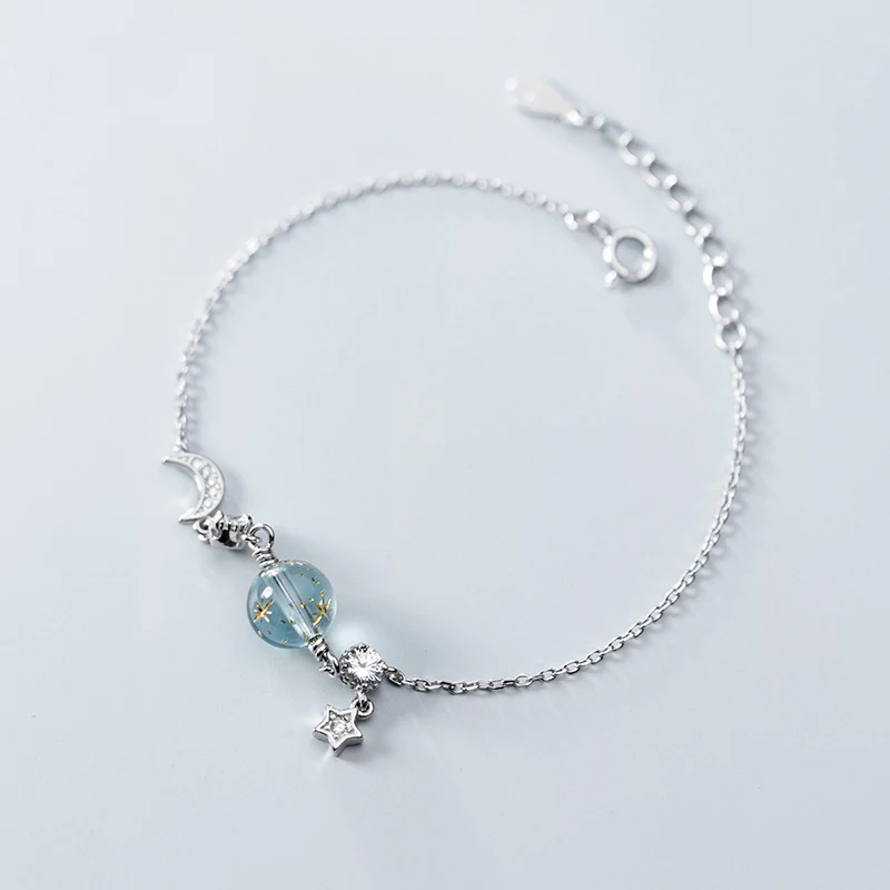 

XMD 100% 925 Sterling Silver Planet Star Moon Blue Synthetic CZ Crystal Bracelet Jewelry Gift for Women Girl Lady