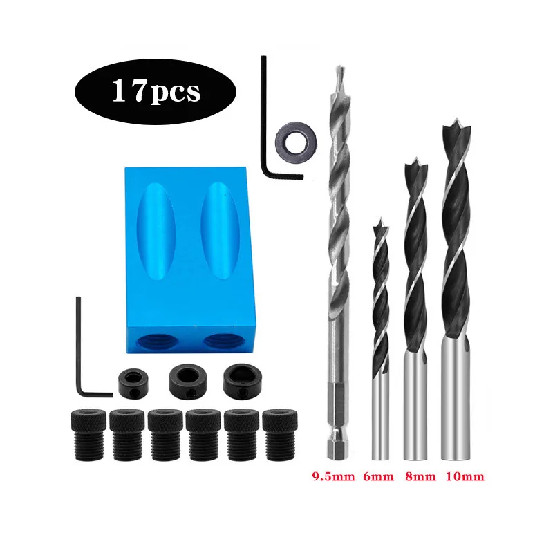 XKIY Blue Woodworking Oblique Hole Locator 15 Degrees Included Angle Furniture Punching Screw Holder Three-point Twist Drill Set |