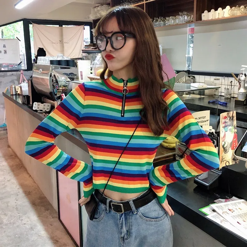 Women Sweaters Korean Style Rainbow Stripes Print Sweater Slim Long Sleeved half-high Collar Bottom Knit S1 New | Женская одежда
